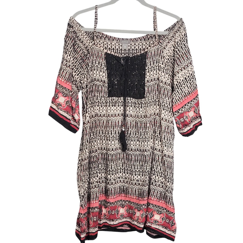 Angie Boho Geometric Print Mini Dress Medium Boho Festival Hippie Artsy Peasant